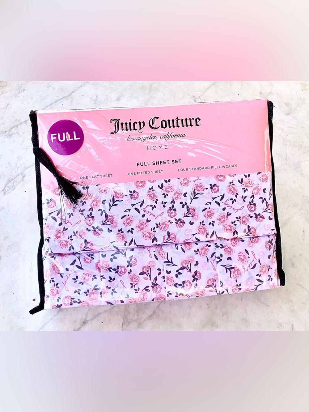 JUICY COUTURE Pink Floral Sheet Set FULL Coordinating 4 STANDARD Pillowcases NEW